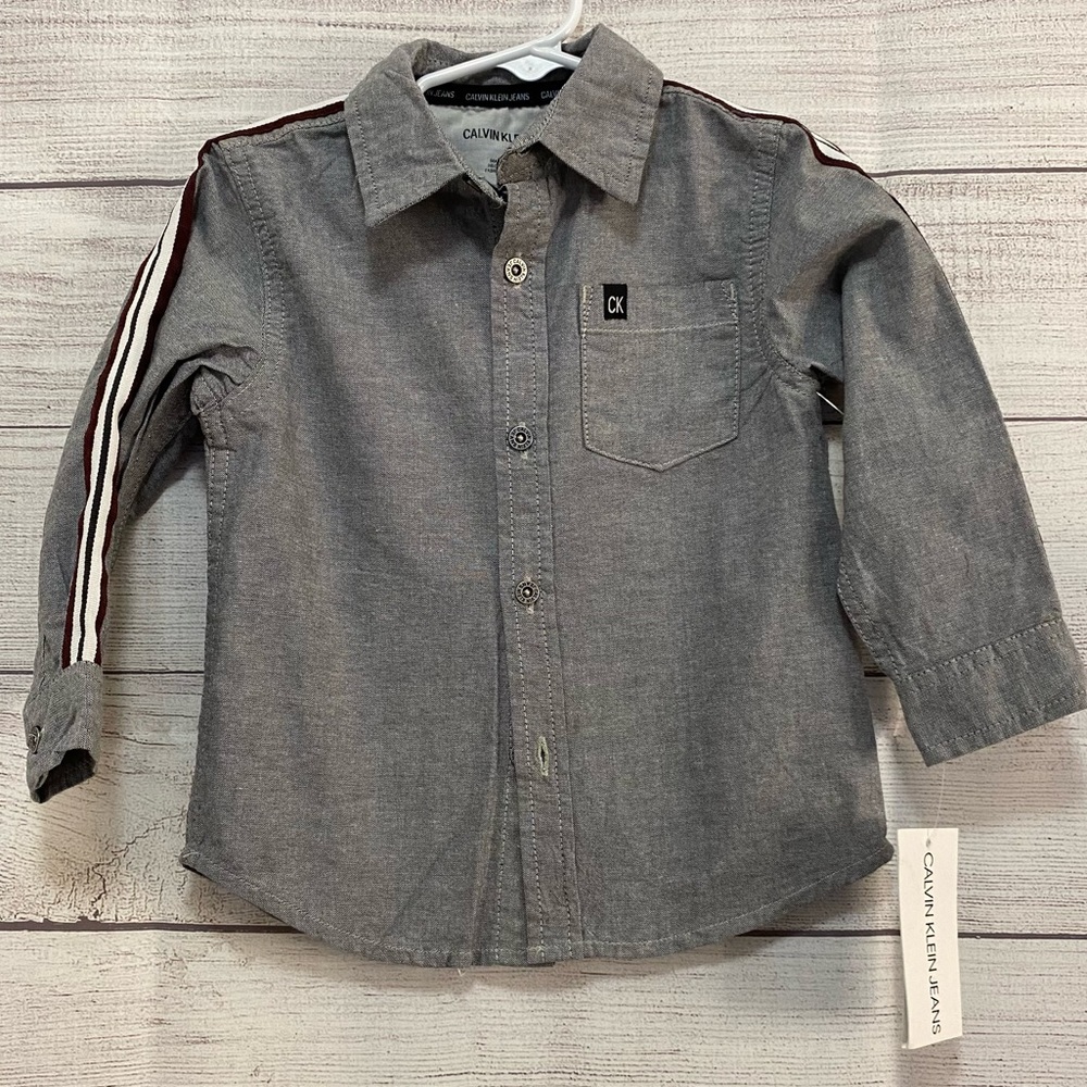 Calvin Klein Toddler Boy Button Down Shirt Stripes Down Sleeves Denim Blue Sz:2T